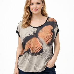 Butterfly Print Women's Shirt - Black and Orange Cap Sleeve Y2K Size XL